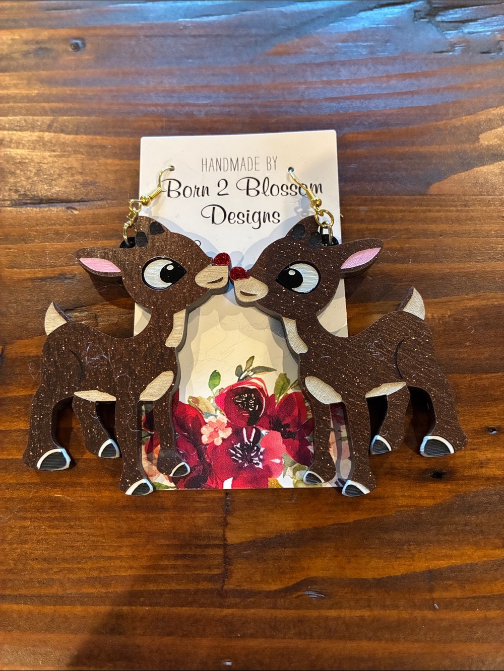 Brown Deer Dangle Earrings with Pink Accents